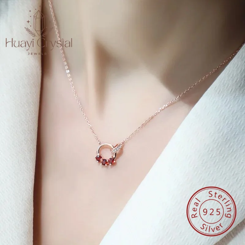 Original New Fashion S925 sterling silver necklace garnet ring buckle special interest light luxury high-grade clavicle chain