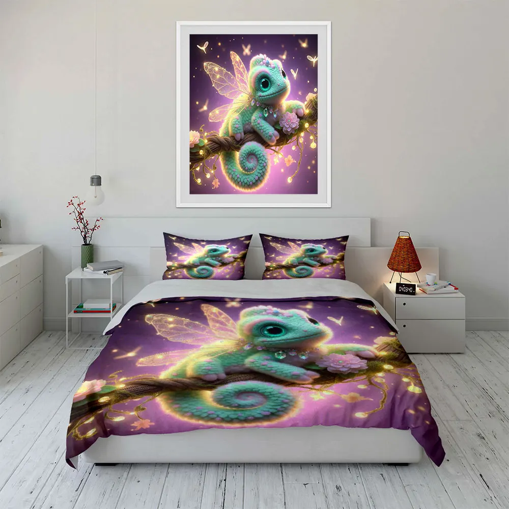 Dreamy Fairy Lizard on the Branch Duvet Cover Set with 3D Printing Design Soft Polyester Bedding Set All-Season Comfort for gift