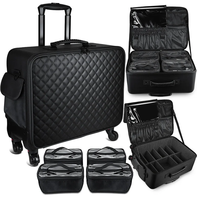 Large Capacity Makeup Trolley Case Multifunctional Oxford PU Satchel Rolling Tool Box for Beauty Nail Art Tattoo Fashion Luggage