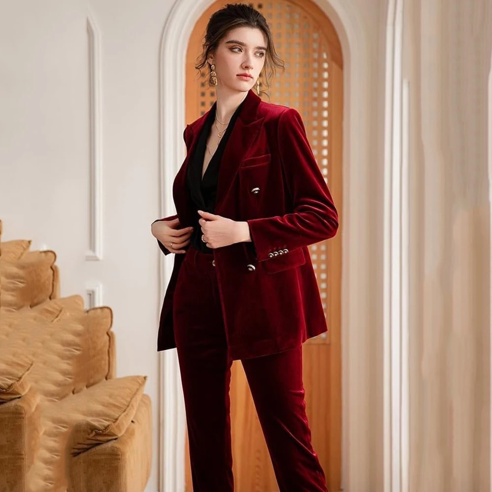 Smart Burgundy Suits for Women Double Breasted 2 Pieces Jacket Pants Female Clothing Slim Fit Office Banquet Blazers Sets