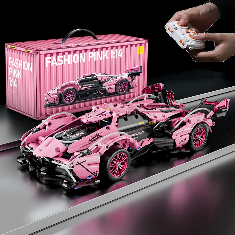 1：14 Pink V12 Block Roadster RC Tech Racer 1:14 DIY Roadster building block assembly Block car toy birthday gift