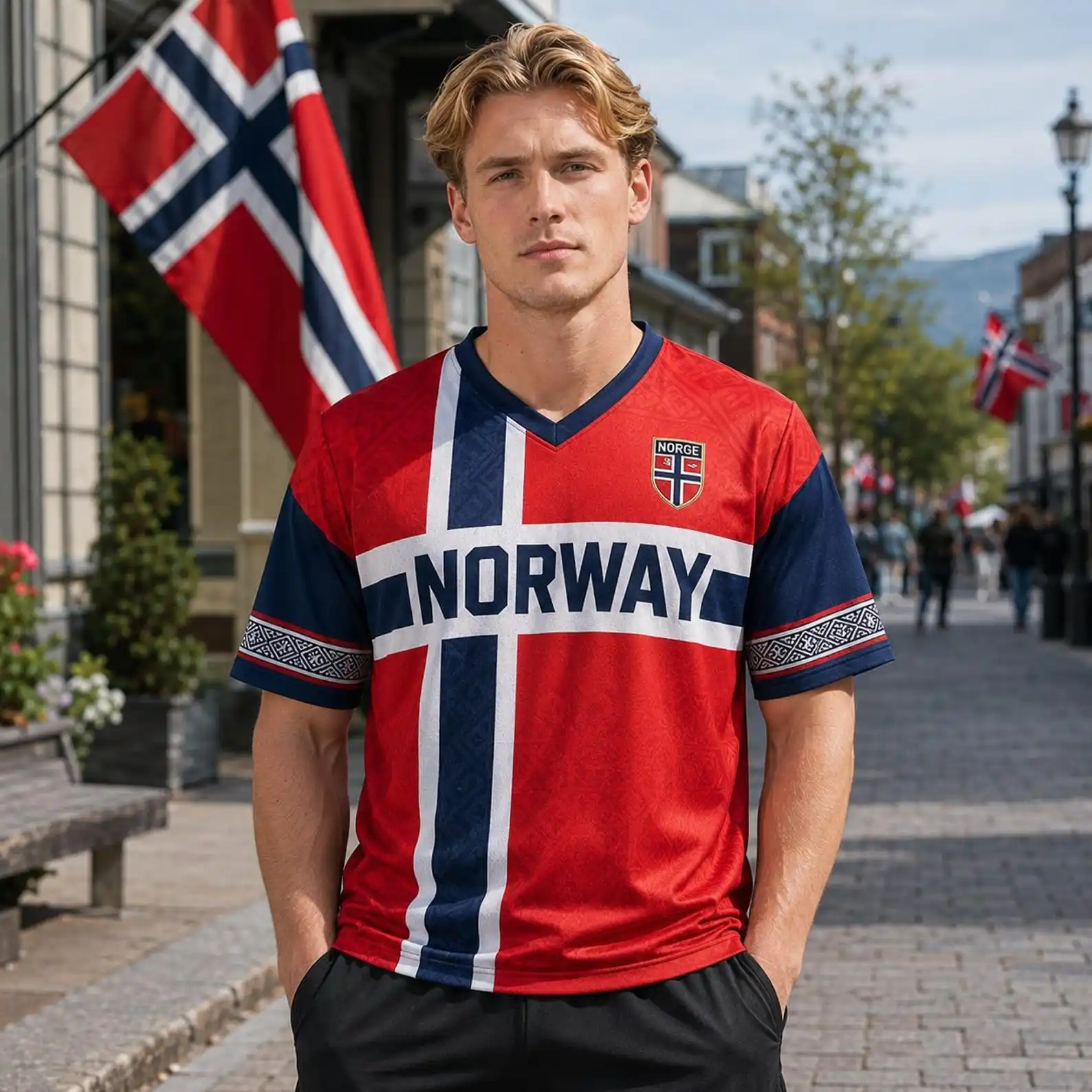 Norway Soccer Jersey, Number Football Shirt, Red Nordic Flag Print Front Back Design Breathable Fan Sports Tee Unisex
