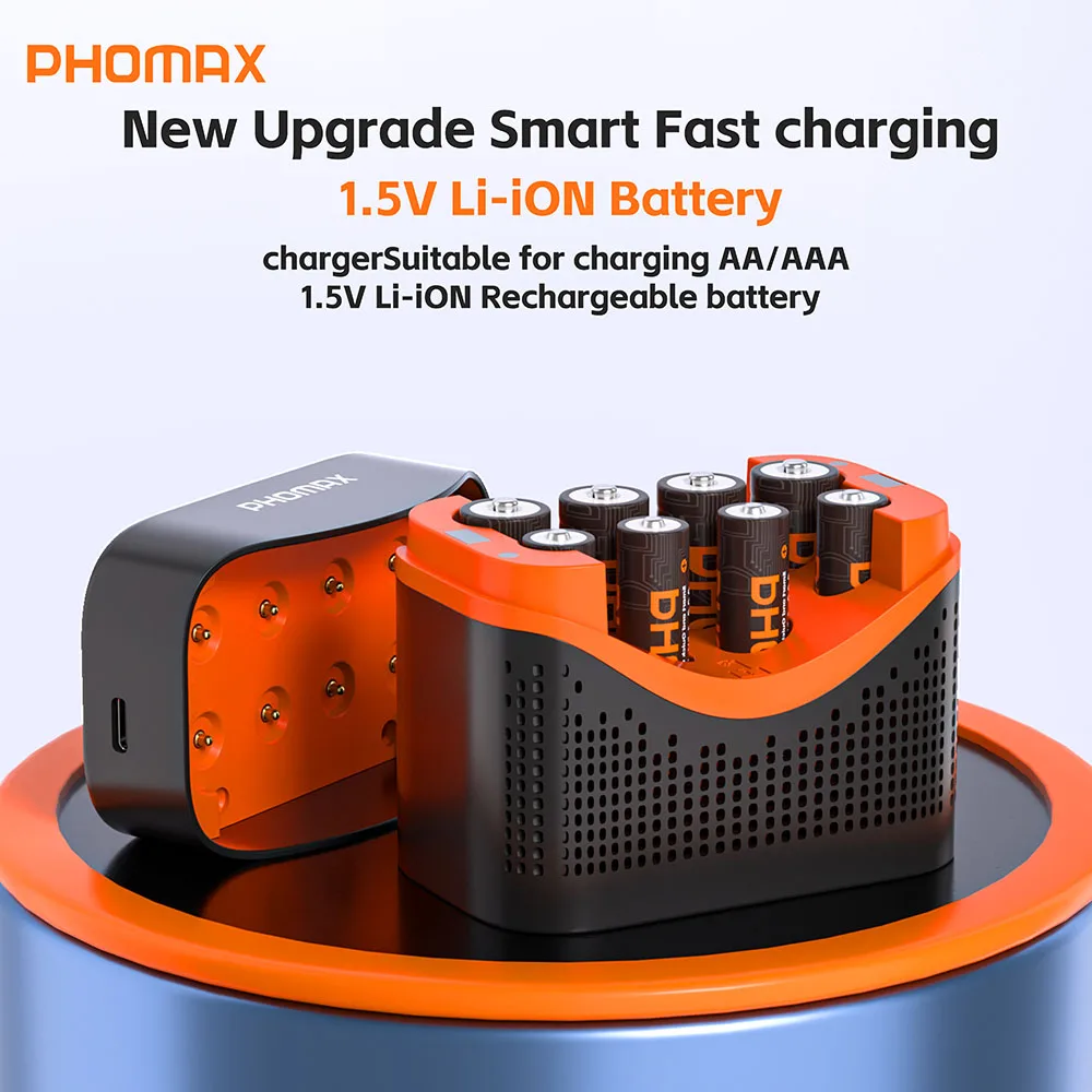 PHOMAX 8-Slot Smart Fast-Charging Charger 1.5V AA/AAA 4200mWh/1110mWh Lithium Battery Rechargeable Batteries Remote Control Toy