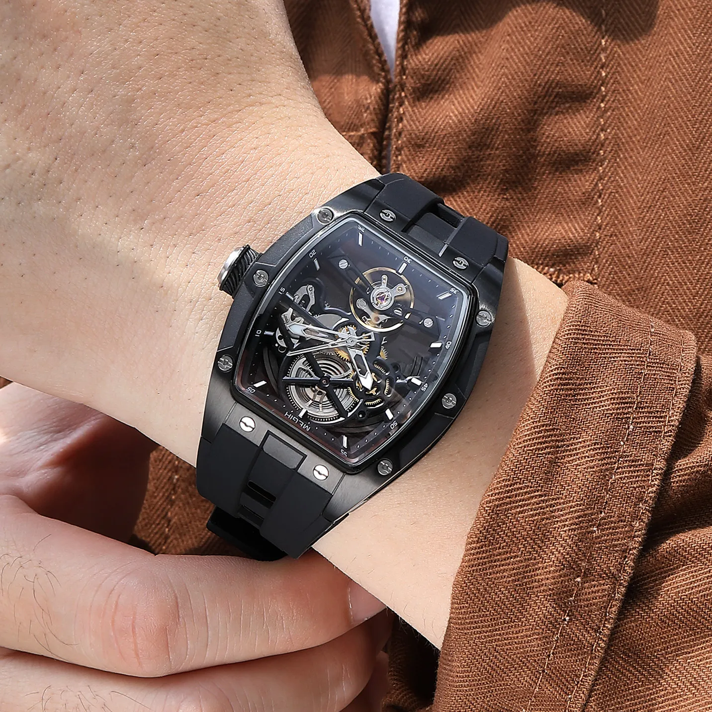 Mens Watch Business Silicone Strap Reloj Hollow out Mechanical Automatic Wristwatch Waterproof Luminous Watch For Man