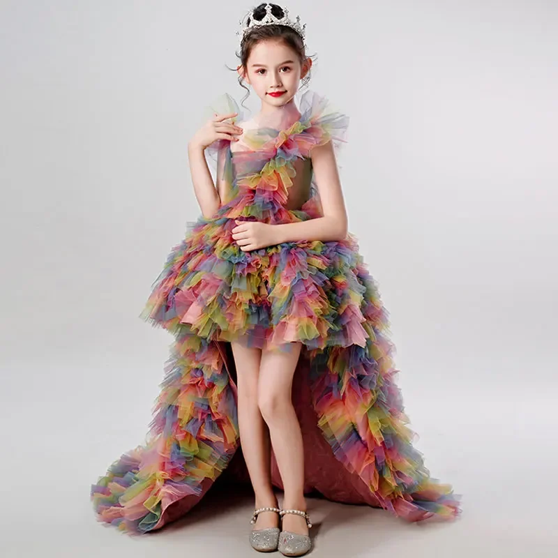 Kids Rainbow Birthday Party Dress Puffy High Low Cocktail Pageant Dresses Model Teen 4-14 Years Formal Elegant Evening  Gown