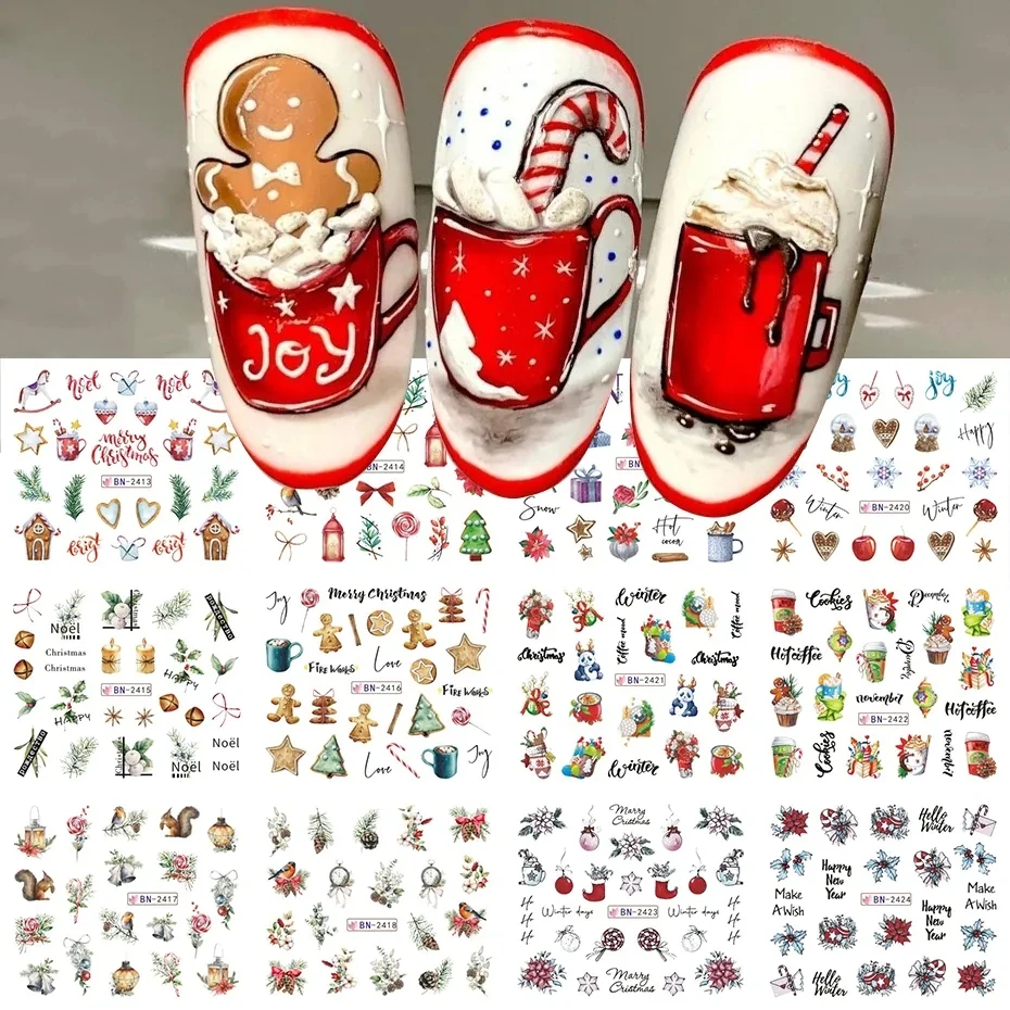 Christams Gingerbread Nails Stickers Xmas Bells Holly Water Sliders Sweet Coffee Cake Design Winter Decals Manicure BN2413-2424