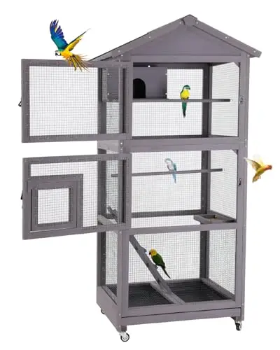 Wooden Large Bird Cage with Wheels – Mobile Outdoor Aviary with Play Stand, Perches & Nest, Easy-Clean Mesh Design