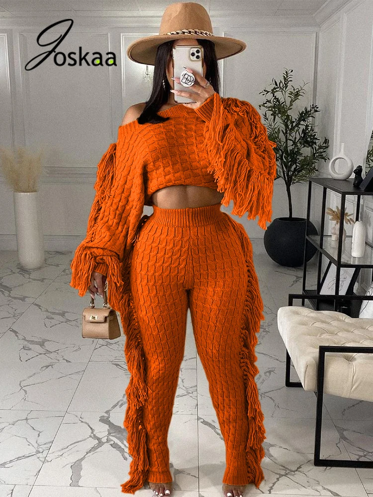 

Joskaa Tassel Knitted Sweater 2 Piece Set Long Sleeve Crop Top and Pants Sets Winter Outfits for Women 2021 Fashion Streetwear