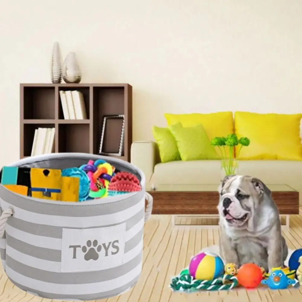 

Cartoon Pattern Dog Toy Storage Basket Large Capacity Round Dog Sundries Organizer with Handle Linen Cloth
