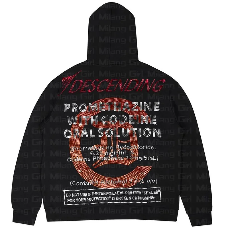 Autumn Y2K Rhinestone Graphics Zip Up Oversized Sweatshirt Goth Hoodie Men Women Grunge Hooded Jacket Streetwear Letter Clothing