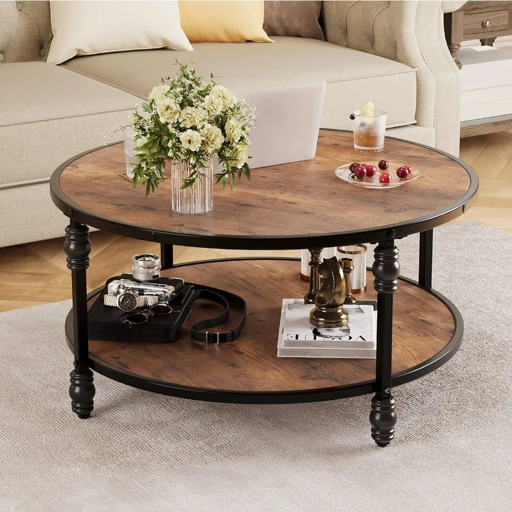 

Rustic Wood Circle Coffee Table with Storage Shelf and Metal Base for Living Room