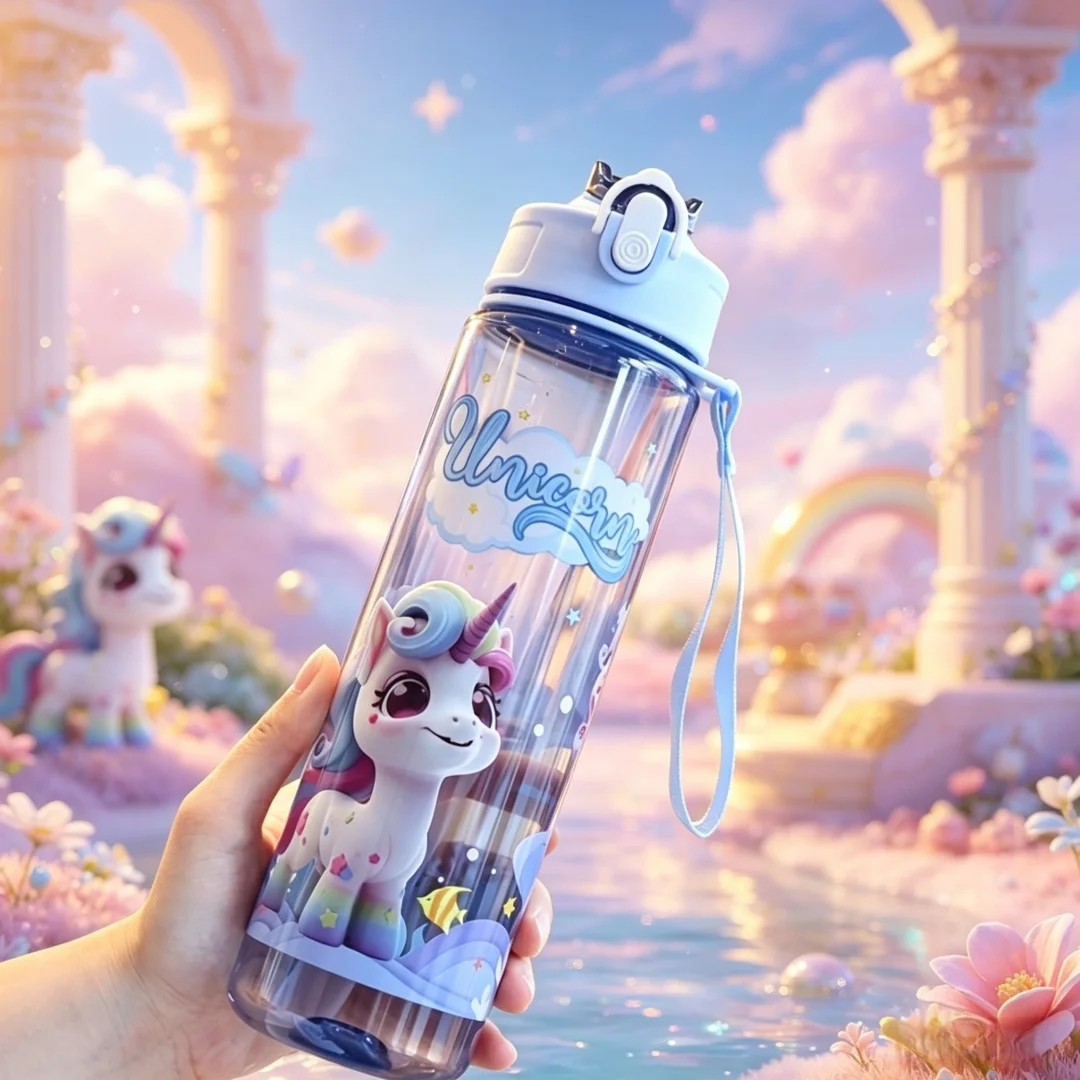 Transparent Cartoon Unicorn Water Bottle, Stylish High-value Design, Lightweight Leakproof Cup with Lanyard, Ideal for Fitness