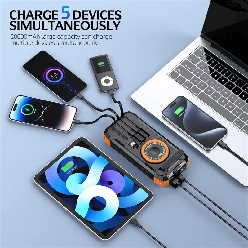 20000mAh Solar Power Bank with Hand Crank Magnetic Wireless Charger for Airpods Apple Watch S9 for iPhone 16 Portable Powerbank