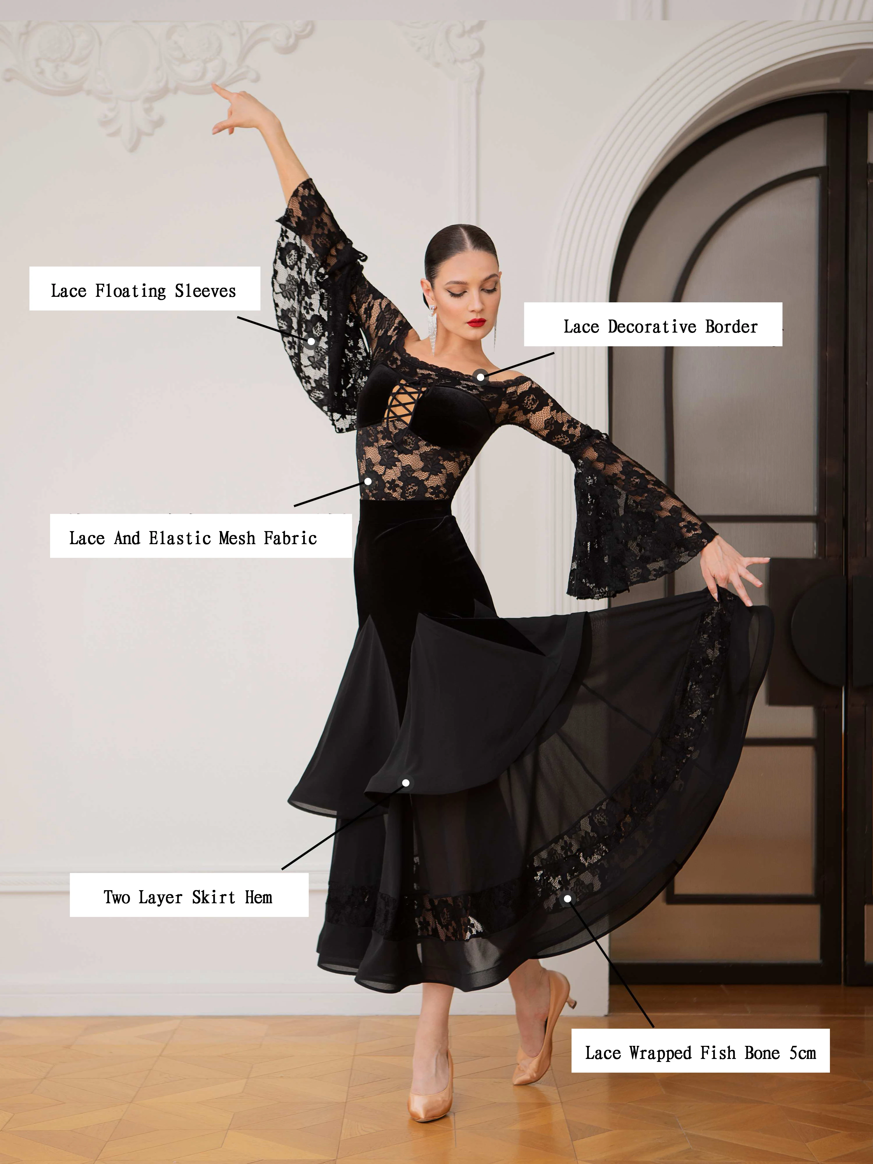 Standard Ballroom Stage Costume Elegant Party Dress Lace Elastic Pagoda Sleeves Waltz Moden Dance Dress Female Dance Suit AMY169