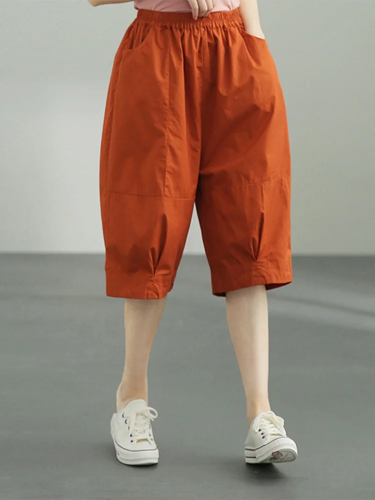Loose Casual Workwear Five-Point Pants Women's Summer  New High Waist Cotton Straight Leg Trousers Elastic Waist