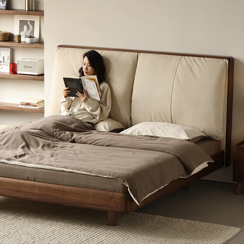 

North American Black Walnut Modern Simple 1.8 Meter Double Bed Leather Soft Bag