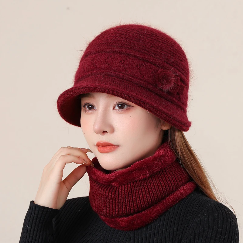 High-grade Rabbit Hair Wool Hat Bib Set Women\'s Winter Old Winter Warm Basin Hat Plus Cashmere Mother Fisherman Hat Women\'s Hat