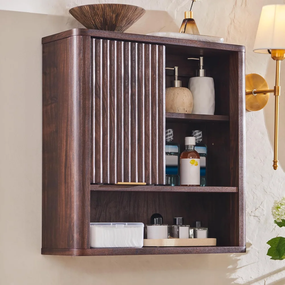 

Bathroom Wall Cabinet w/Fluted Sliding Door, Modern Medicine Cabinet with Adjustable Shelf, Curved Profile Wall