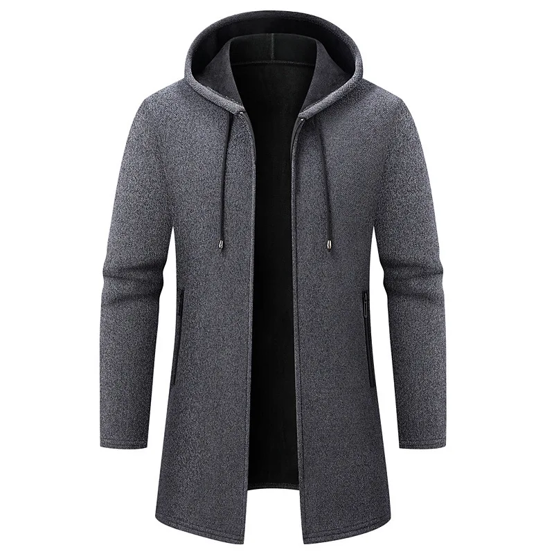 Spring Autumn Man Coat Simple Solid Color Knitted Male Outerwear Mid-length Long Sleeve Zipper Hooded Casual Men Cardigans