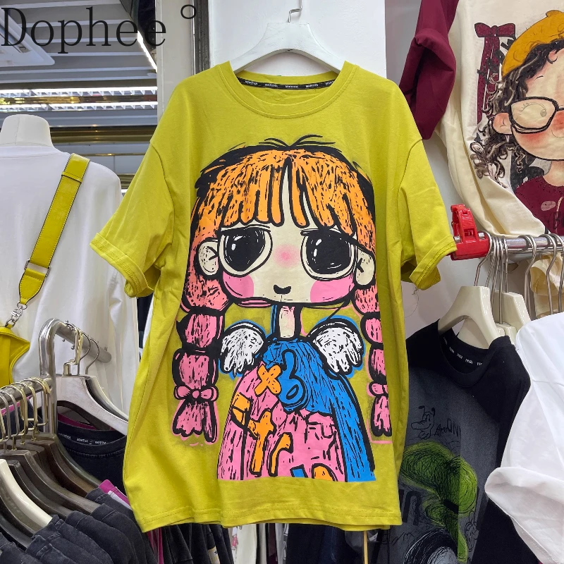 

American Street Cartoon Printed Women Tshirts Spring Summer Cotton Short Sleeve Tees Round Neck Oversize Top Mid-long T-shirts