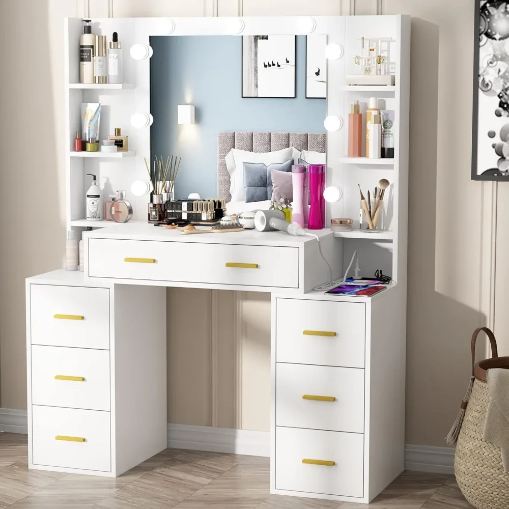 

Vanity Set with Lighted Mirror, 43'' Makeup Vanity with Charging Station, Vanity Desk with 9PCS LED Bulb, Storage Shelves