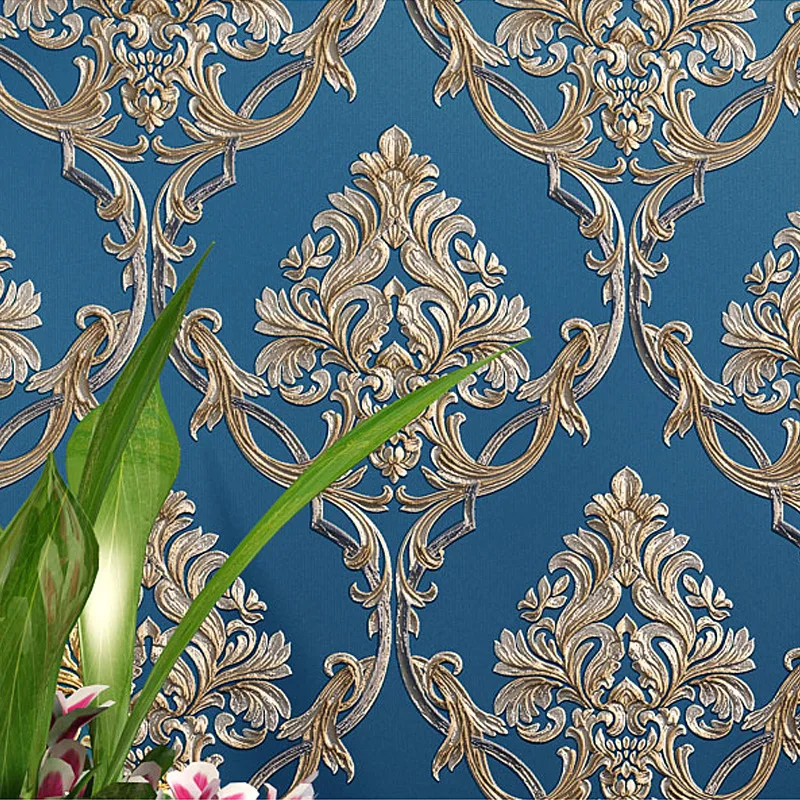 

European Style Blue Damask 3D PVC Embossed Wallpaper Luxury Bedroom Living Room Striped Vinyl Wall Paper Floral