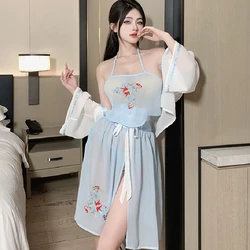 Sexy Chinese Traditional Style Skirt Lingerie Set Embroidery See-through Robe Hanfu Nightdress Cosplay Women Fairy Sleepwear New