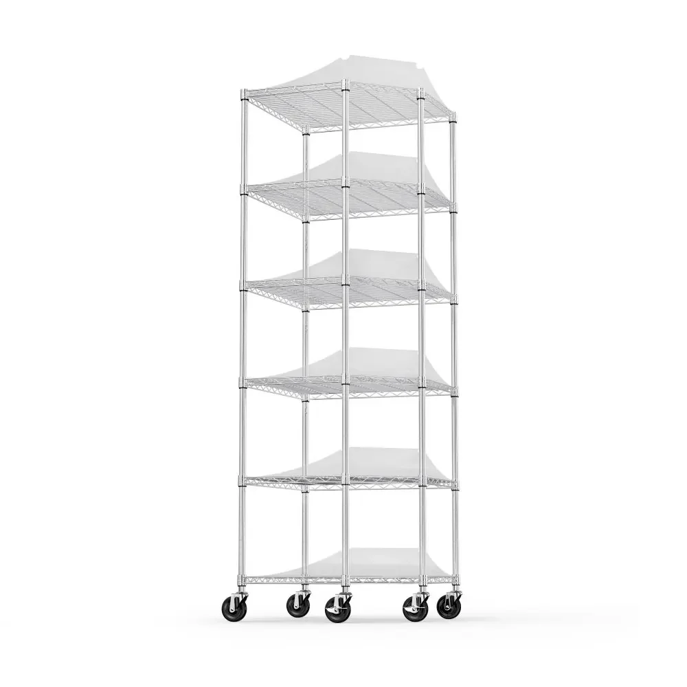 6-Tier Corner Wire Shelf Rack, Pentagonal Shelves with Wheels, Adjustable Heavy Duty Chrome Rack, Ideal for Bathroom.