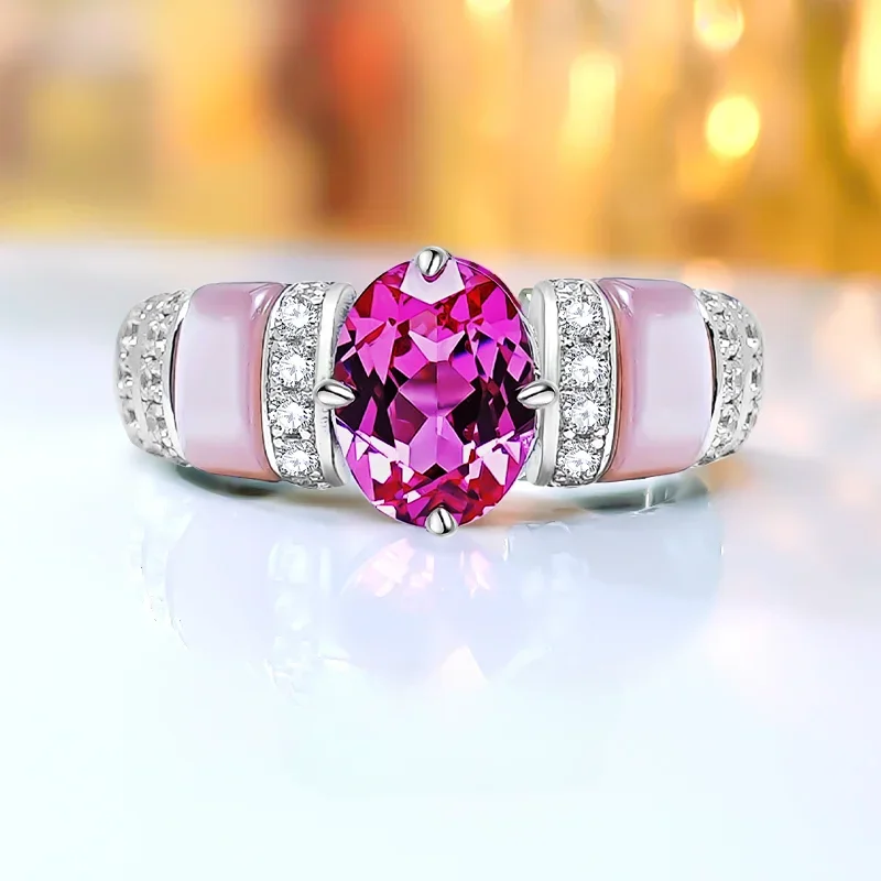 Anillo de turmalina Rosa de Plata de Ley 925 para mujer, conjunto de lujo ligero con polvo de diamante de alto carbono, estilo de concha, joyería de boda