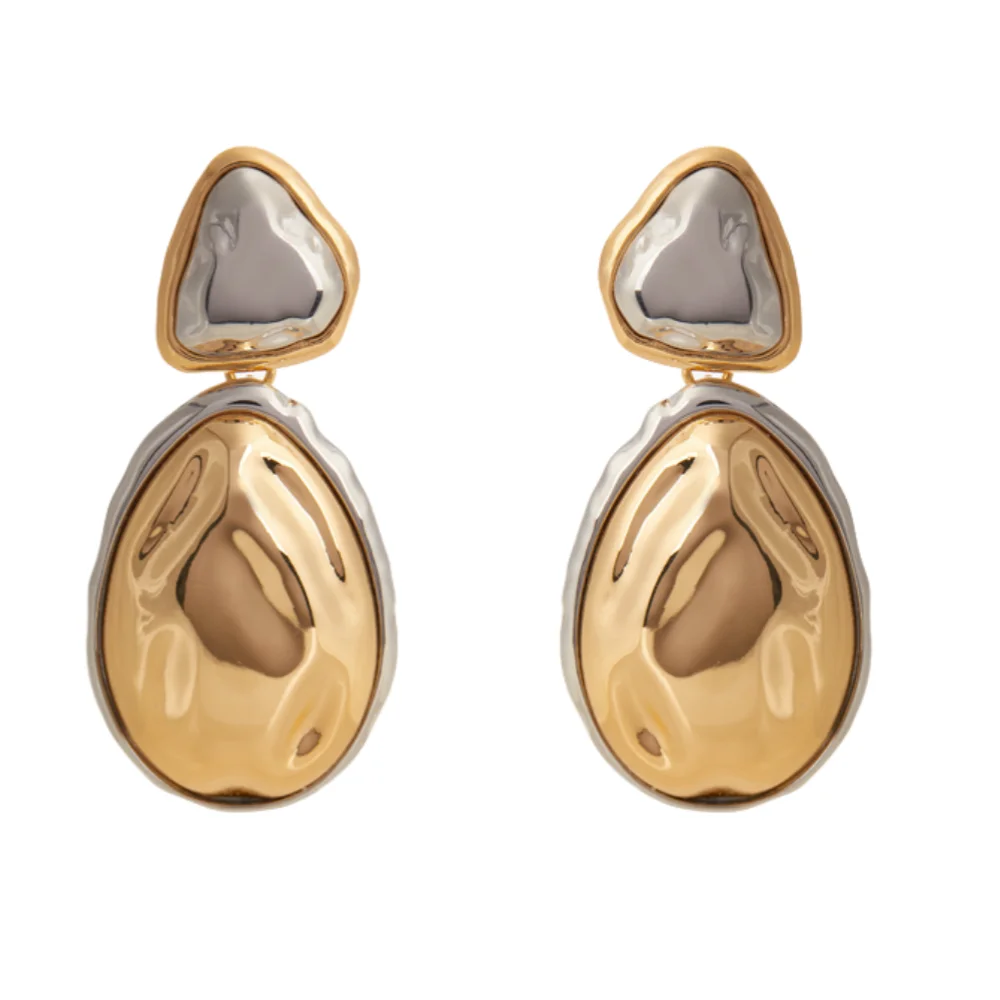 Vintage Two Tone Metal Drop Earrings for Women Irregular Geometric Statement Earrings with High Gloss Finish Unique Retro Design
