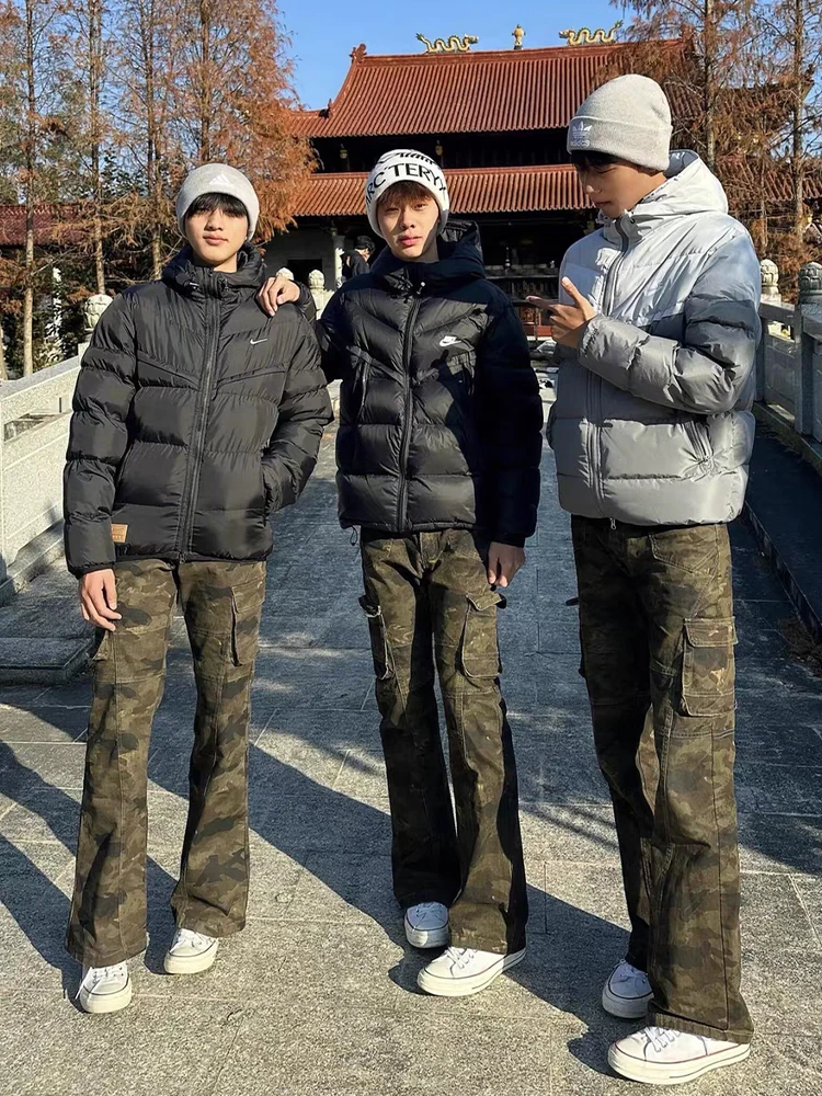 

Retro American Camouflage Work Pants Men's Winter Fce High Street Vibe Slim Micro Flare Jeans Straight Tube Fit Jeans