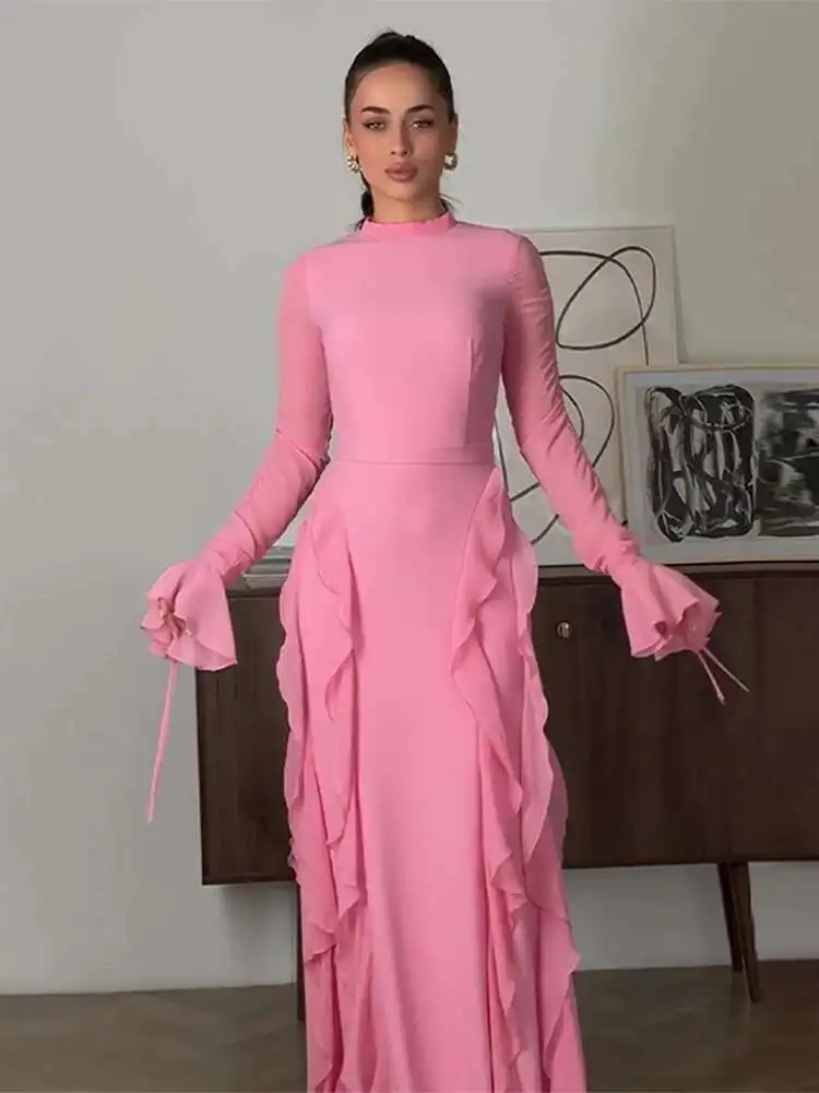 

Однотонные женские длинные платья с рюшами по бокам, элегантное женское платье с круглым вырезом и рукавами-бабочками, новинка 2025 года, шикарное осеннее вечернее мусульманское платье