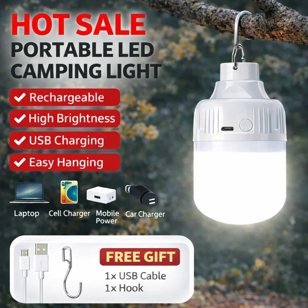 Lanterna da Campeggio LED Ricaricabile USB per Esterni, Luce per Tenda ad Alta Luminosità Portatile con Gancio per Escursionismo, Pesca, Uso Notturno e Viaggi