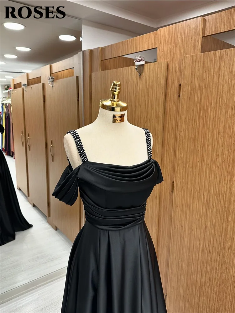 ROSES Black Spaghetti Strap Off Shoulder Formal Dresses for Woman Beading A-line Evening Gown Elegant Silk Satin Prom Dresses