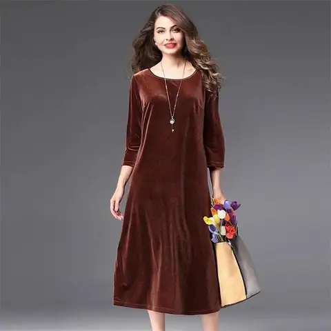 Hot sale Plus size women Spring and Autunm office long maxi velvet dress,2026 Elegant winter velour dress
