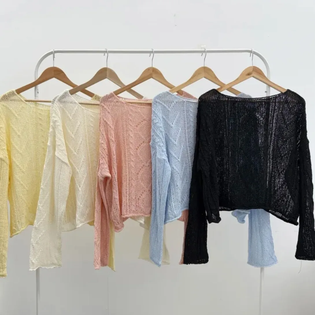 시크한 봄 니트 여성용 자외선 차단 얇은 오버코트 어깨 노출 트위스트 헤드 오버 풋웨어 패셔너블