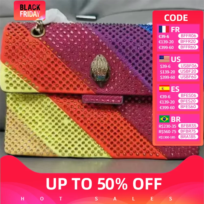 Elegant Fabric Women Bag Crystal Accents Quilting Design Rainbow Patchwork Iconic Metal Logo Joint Purse