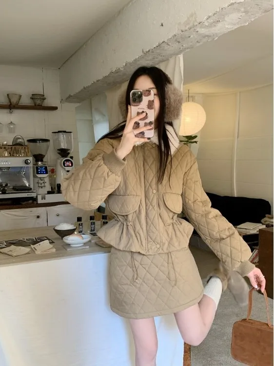 

plus Size Winter Cotton Jacket Set with Fur Collar Waist Cinched High Waist Thickened Women's Fashion Outerwear Skirt