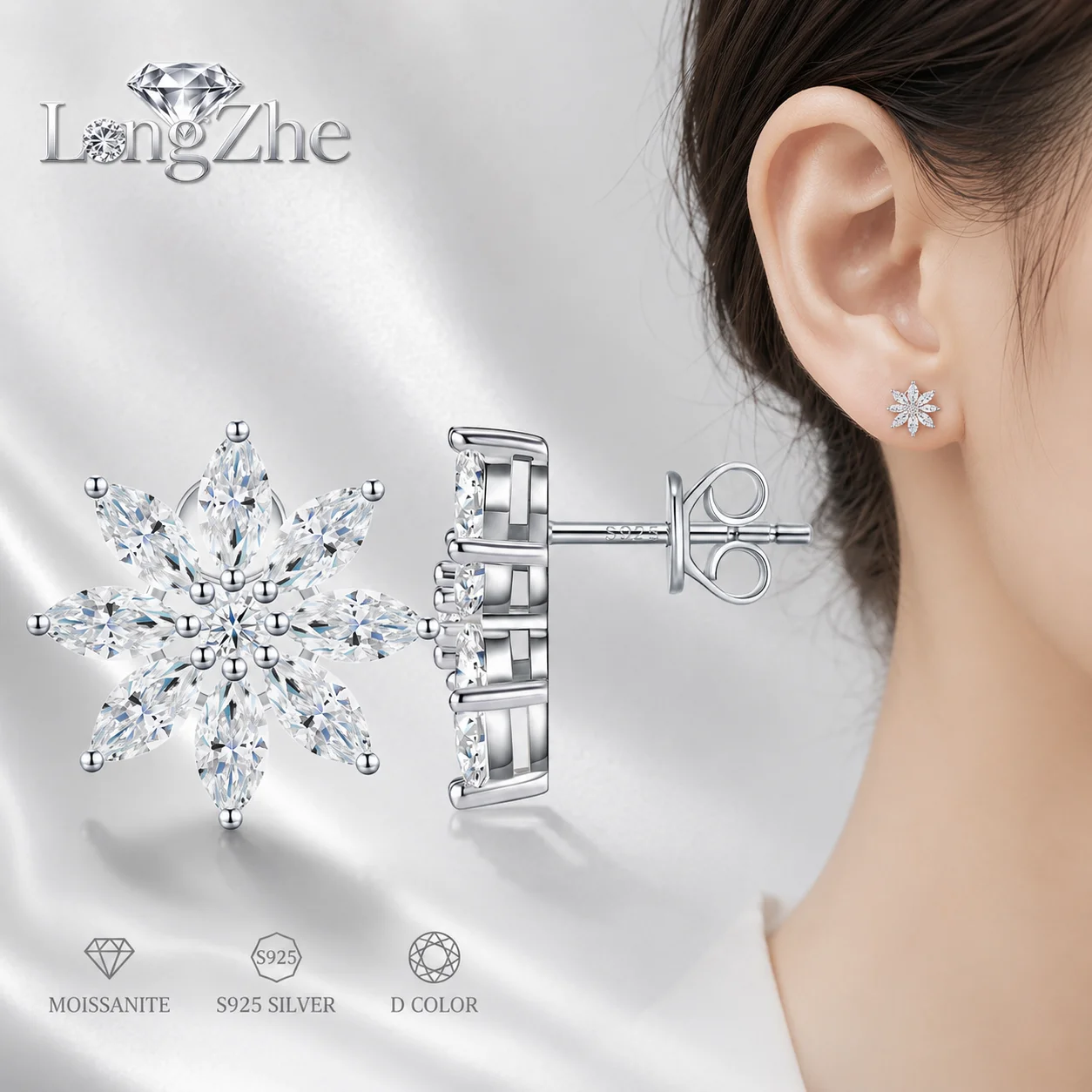 LongZhe 925 Sterling Silver Moissanite Earrings for Women Flower Stud Earrings Marquise Snowflake Fine Jewelry Gift for Her