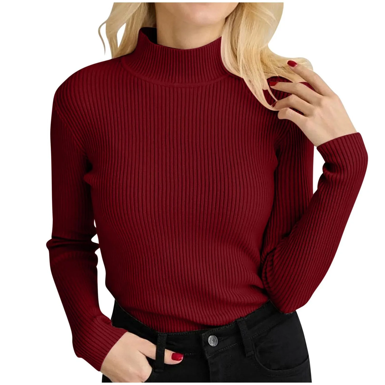 Women\'s Ribbed Pullover One Size Turtleneck Pullover Elegant Plain Knitted Long Sleeve Tops Slim Fit Solid Color Shirt Autumn