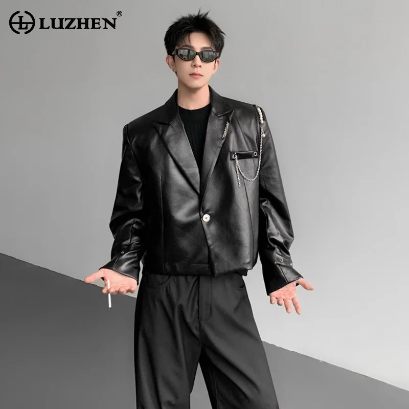 

LUZHEN Fashion Original Handsome Metal Chain Leather Jacket Men's 2025 Autumn High Quality Blazer Collar Casual Male Coat JY4290