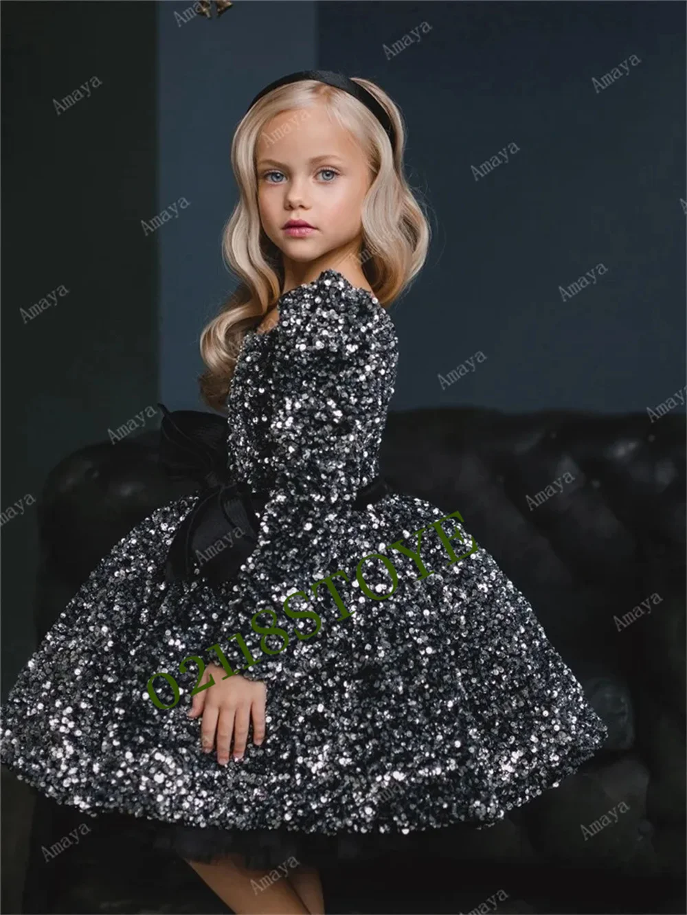 

Gliter Sequin Flower Girl Dresses Princess Long Sleeves Bow Belt Holy Communion Pageant Gown Kids Prom Dress Vestidos Niña