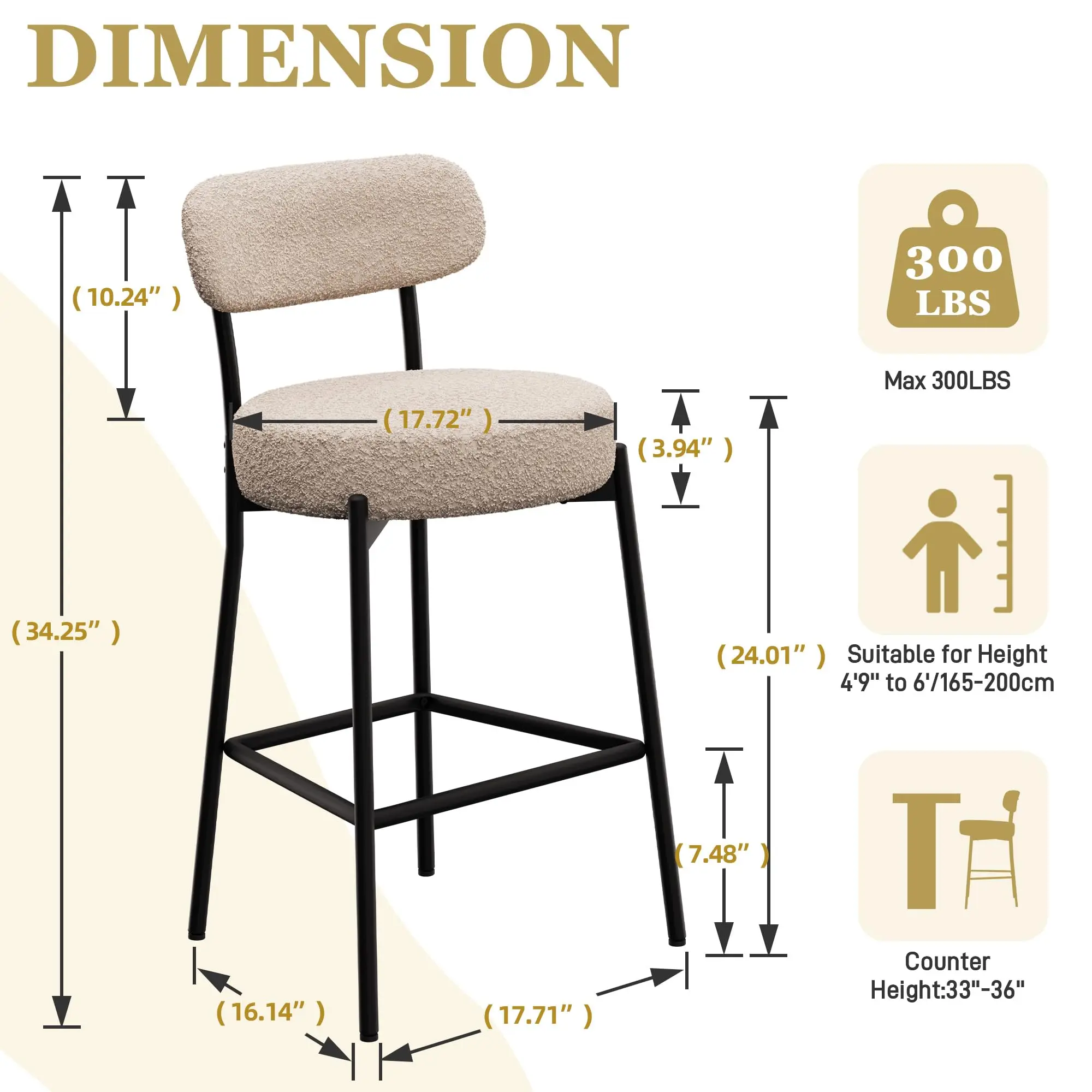 Bar Stools Set of 2, Gray 24 Inch Boucle Upholstered Counter Stools