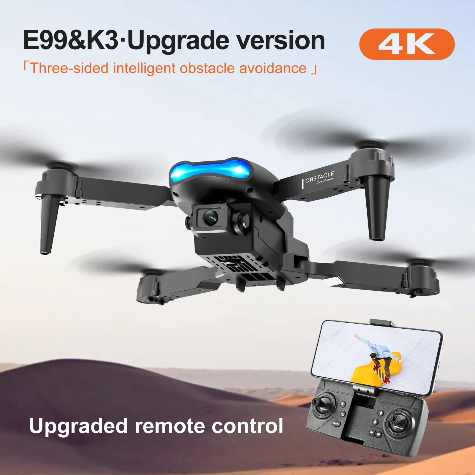 طائرة بدون طيار E99 Pro مع كاميرا احترافية 4k للتصوير الجوي وكاميرا مزدوجة عالية الدقة وكاميرا ثلاثية الجوانب لتجنب العوائق كوادكوبتر