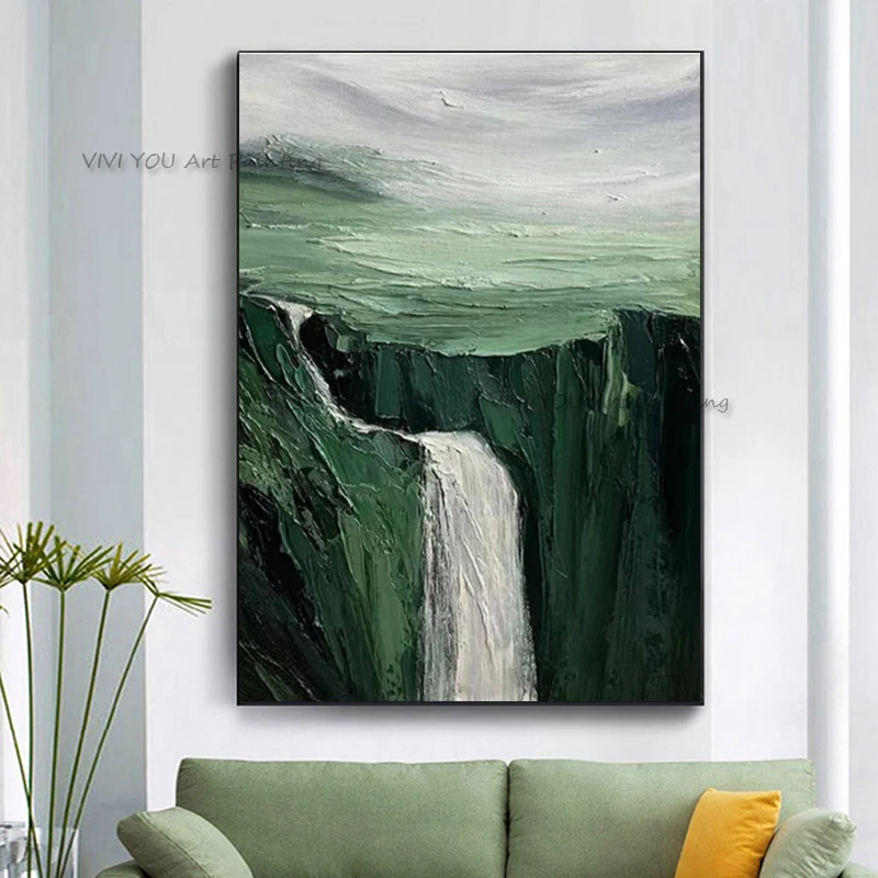 Handpainted Abstract Waterfall Oil Painting Textured Wall Art Original Green Nature Landscape Painting Custom Painting Wall Art