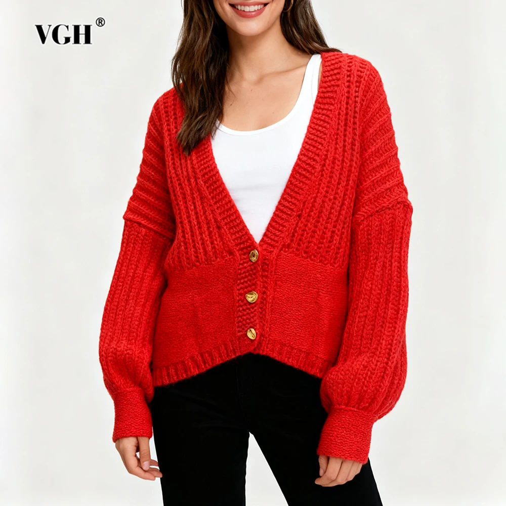 

VGH French Vintage Loose Cardigan for Women Deep V Neck Long Sleeve Spliced Single Breasted Solid Knitted Sweater Female Winter