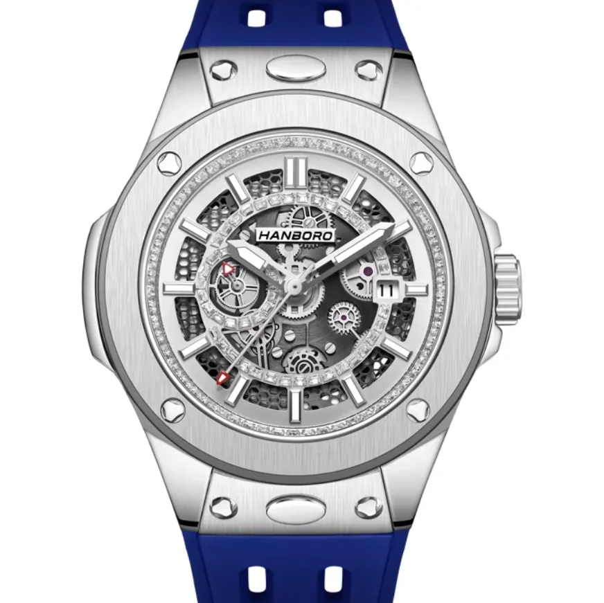 HANBORO Men Automatic Watch 42mm Mechanical Wristwatch Waterproof Luminous Sapphire Skeleton Miyota 8217 Quick Release Strap