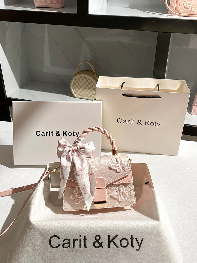 Sweet and Luxury Square Bag with Delicate Embroidery Butterfly and Scarves Women's Popular and Fashion Crossbody Bag for Dating