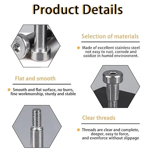 M2~M12 304 Stainless Steel Hex Socket Shoulder Bolt Roller Bearing Screw Stuff Screw Allen Bolt Cylindrical Head Rust-Resistant