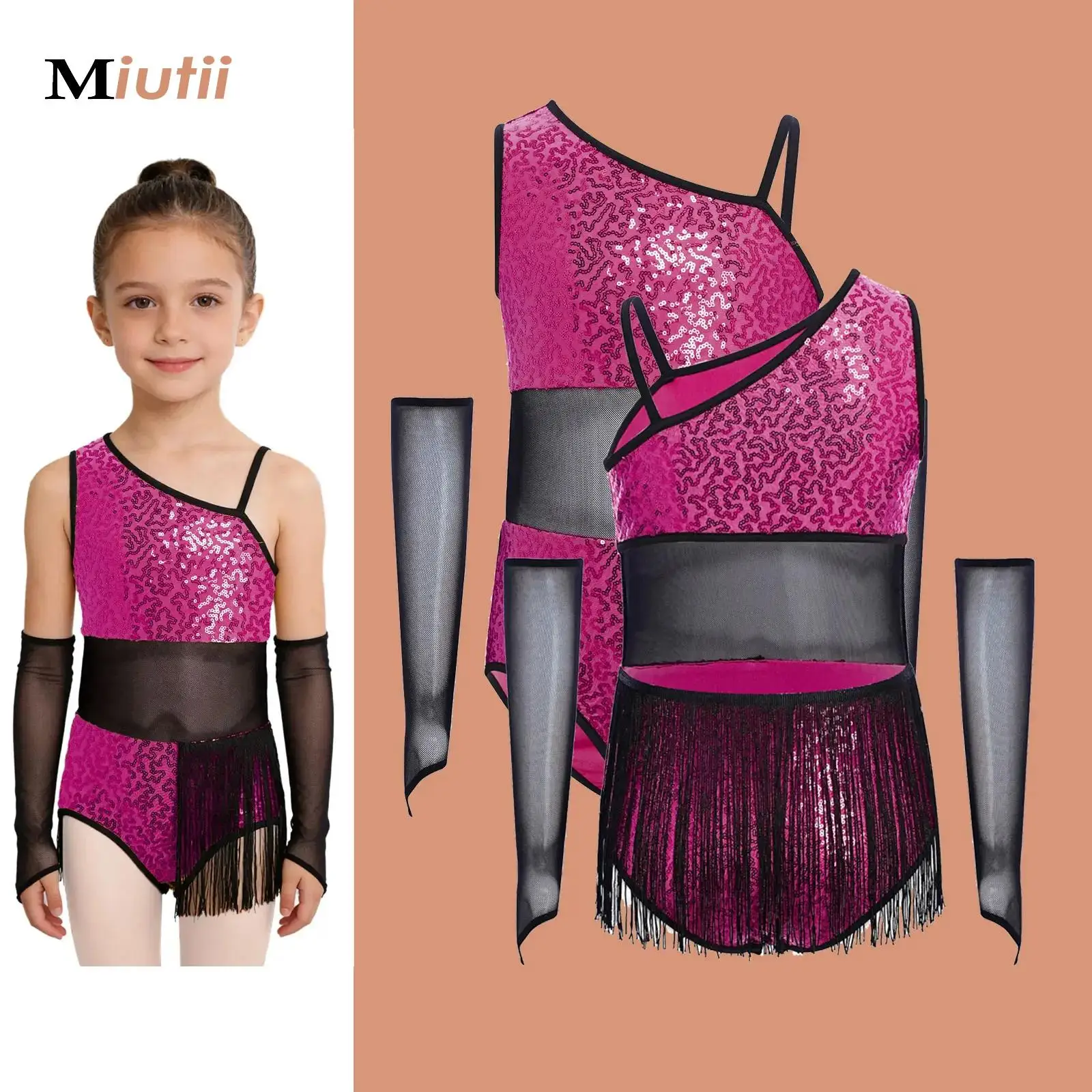 

Latin Leotards Dresses for Girls Kids Sequined Jazz Tango Chacha Dress Sleeveless Shiny Tassel Bodysuit Rumba Fringe Leotard